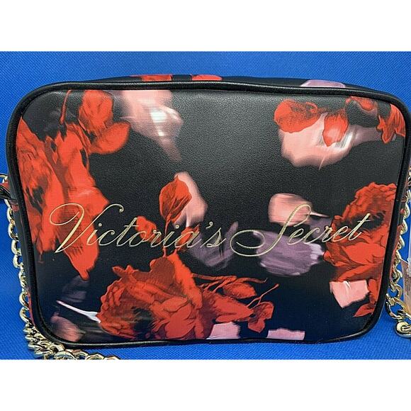 NWT Victoria's Secret Black Red Rose Floral Cross Body Bag Purse w/Gold Chain - Picture 2 of 8